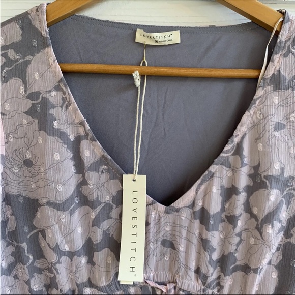 Lovestitch Pink Grey Floral Swiss Dot‎ Maxi Shift Dress Medium V Neck - Picture 10 of 12